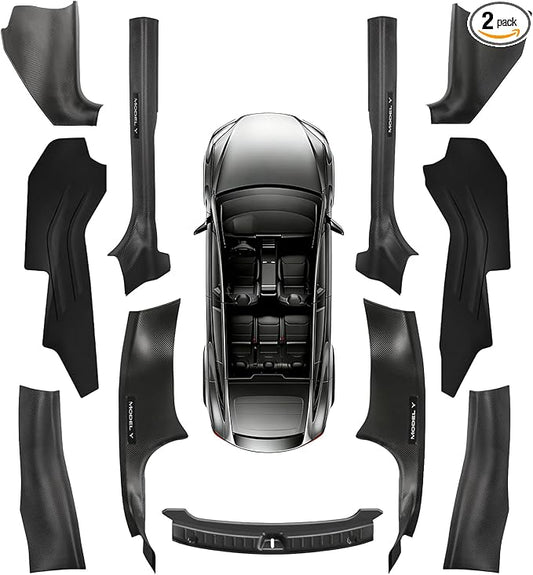 11PCS Carbon Fiber Door Sill Protector Model Y Juniper 2025 2026 8Pcs Door Sill Protector and 2Pcs Center Console Anti-Kick Pads and Rear Bumper Guard for Tesla Model Y Juniper Accessories