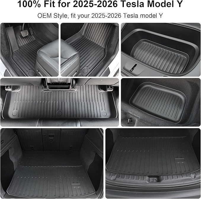 Tesla Model Y Juniper Floor Mats 2026 2025 Full Set All Weather Non-Slip Floor Liner for New Model Y 2025 2026 Cargo Mats and Seat Back Cover Protector-Tesla Model Y Trunk Mat