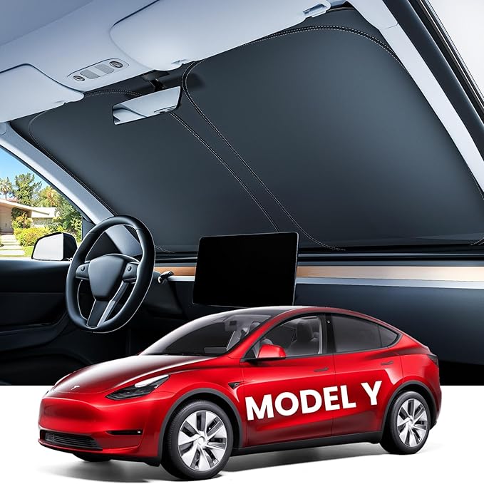 REEVAA Upgraded Tesla New Model Y (Juniper) Sunshade Windshield [Tailored Fit, 99% Sun Protection] Foldable Sun Shade Accessories with Storage Bag for Model Y 2016-2026, Silver Coating