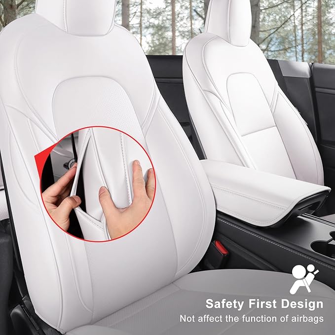 Tesla Model Y Car Seat Covers Nappa Leather Car Interior Seat Airbag Compatible Cushion Cover Full Set Custom Fit 2024 2023 2022 2021 2020, Nappa White