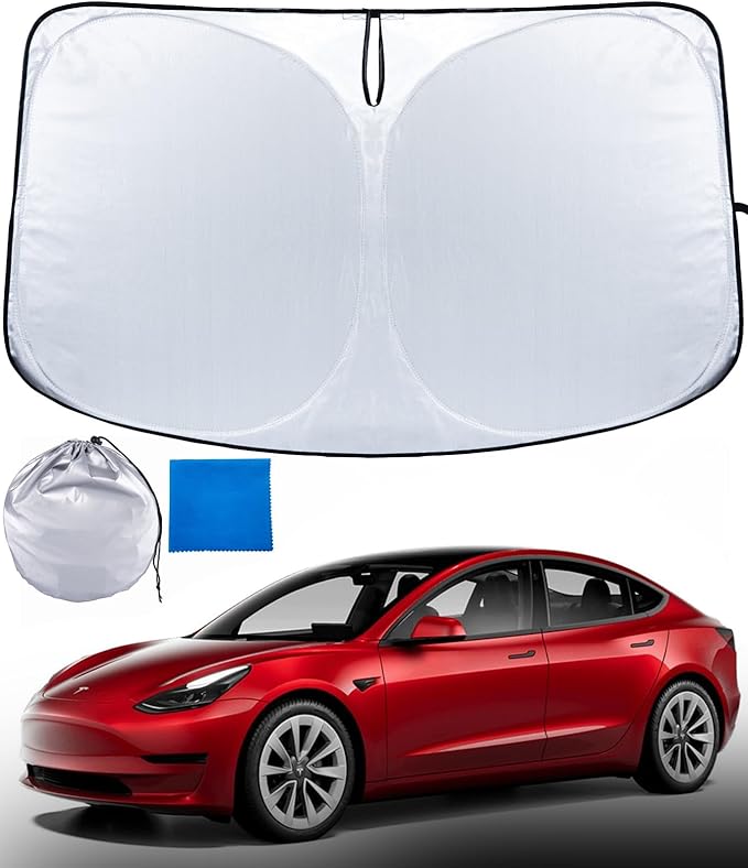 MAXORION Tesla Model 3 & Y Sunshade Windshield- Made from Genuine 2-Layer Material. in Addition to The Tesla Model 3 and Y Windshield Sun Shade, a Cleaning Cloth is Also Included in The Package.