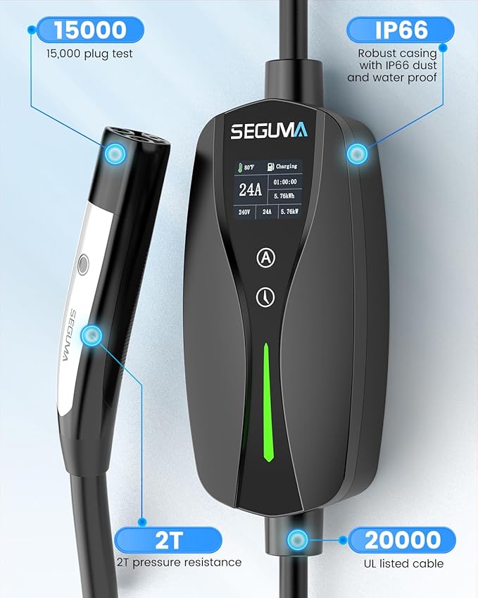SEGUMA Level 1/2 Tesla Charger (10A-24A)-Dual Voltage 240V NEMA 10-30 3-Prong Dryer Outlet Plug & 120V NEMA 5-15 Adapter, 25ft Extension Cable, Portable Home Mobile NACS Connector for Model Y/3/S/X