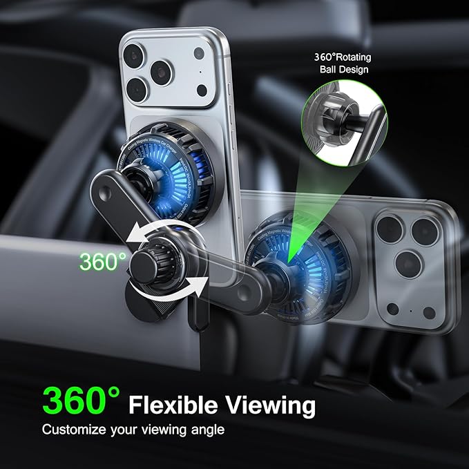 Esoulk Qi2-Certified 25W Fast Wireless Phone Charger, Magnetic Phone Mount Charger with Cooling Fan, Wireless Phone Charger, Magnetic Car Phone Holder for Tesla Model S 3 X Y, iPhone 17/16/15/14/13/12