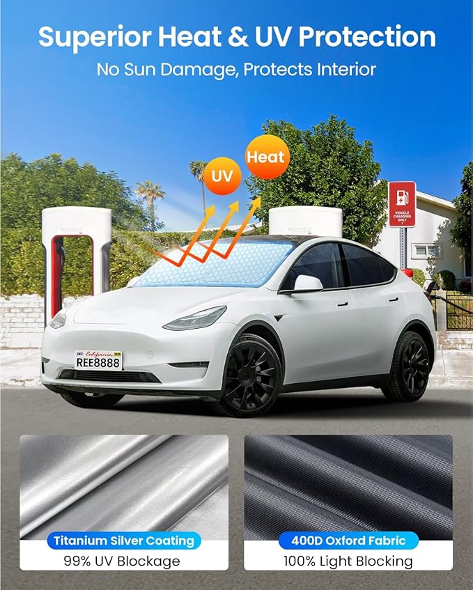REEVAA Upgraded Tesla New Model Y (Juniper) Sunshade Windshield [Tailored Fit, 99% Sun Protection] Foldable Sun Shade Accessories with Storage Bag for Model Y 2016-2026, Silver Coating