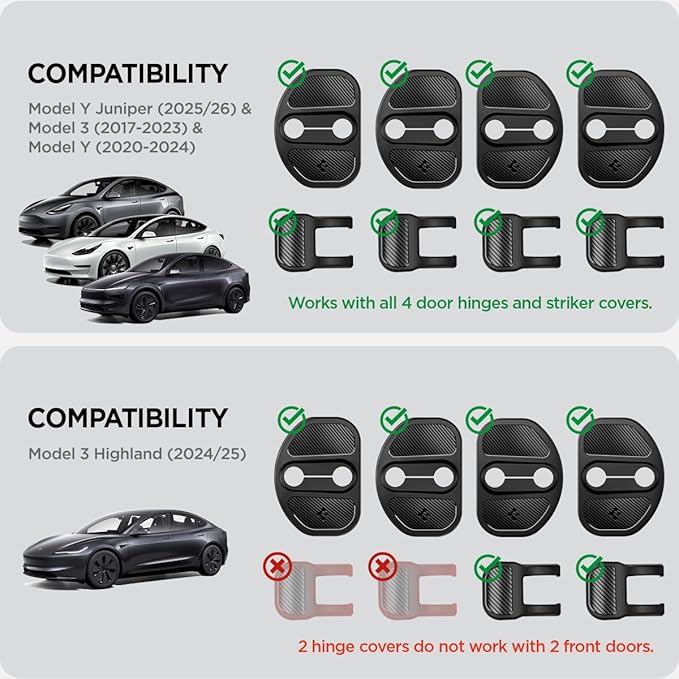Spigen Door Striker and Hinge Door Lock Cover Protector for All Tesla Model Y (2020-2026) and Model 3 (2017-2026) [For Model Y Juniper and Model 3 Highland (Standard, Premium & Performance) - Set of 4