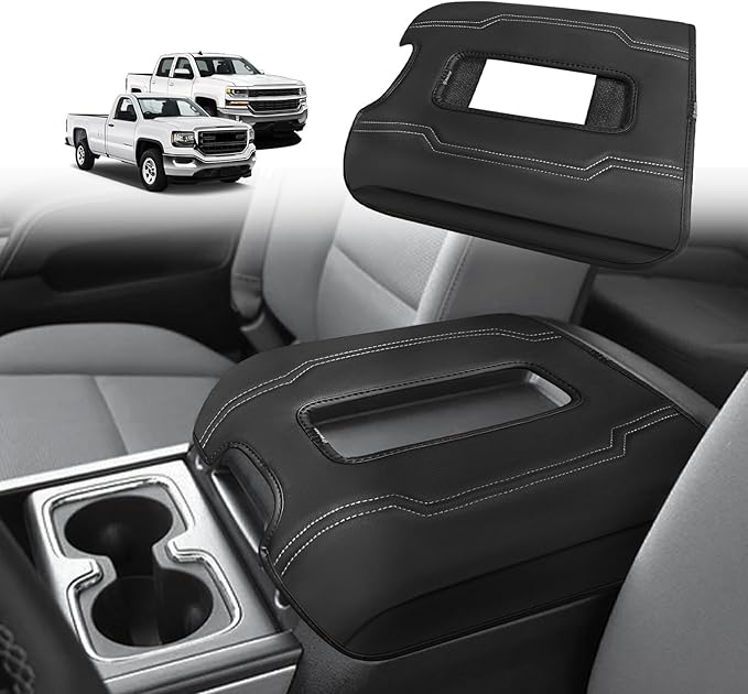 Muslogy Center Console Armrest Cover Fit for Chevy Silverado & GMC Sierra 1500 2500 3500 2014-2018 Accessories, Comfort Armrest Pad Console Lid Cushion Vegan Leather Regular Thick(Bucket Seat ONLY)