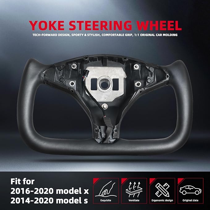 Yoke Steering Wheel Replacement, Black Microfiber Smooth Leather for Tesla Model X 2016-2020,For Tesla Model S 2014-2020 With Heating Function
