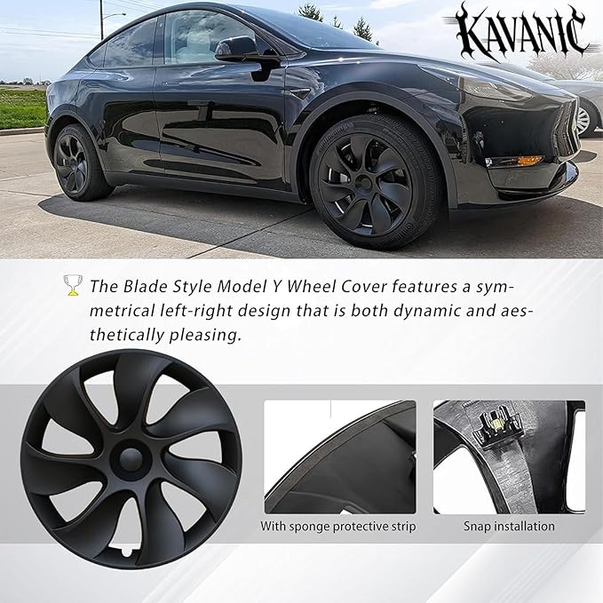 KAVANIC 4Pcs Wheel Cover Fits for Tesla Model Y 19Inch 2020-2024 ABS Matte Black Blade Style Hubcaps Fits for Tesla Model Y 19" Gemini Wheel Long Range Support Logo Symmetry Design (RWD/AWD)