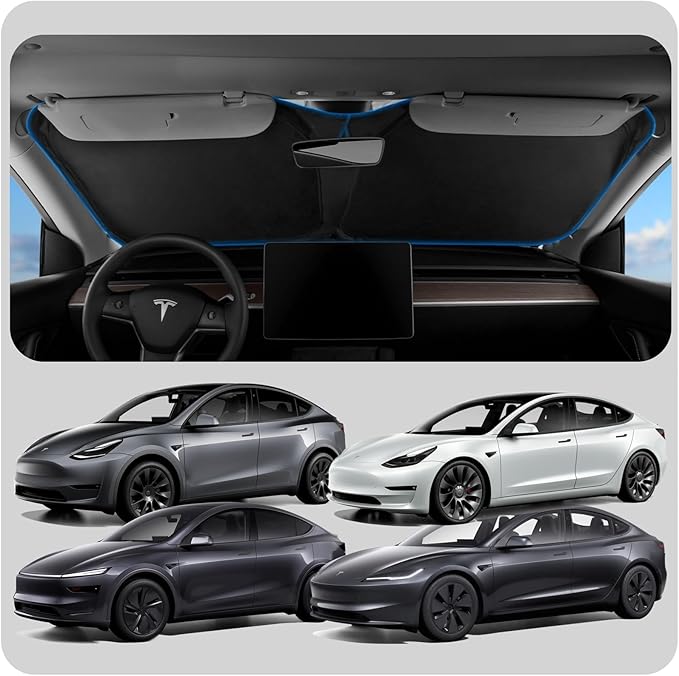 Spigen Front Windshield Sunshade for All Tesla Model Y & 3 | Dual Layered Protection Car Accessories for Model Y Juniper and Model 3 Highland | Gift for Tesla Owner
