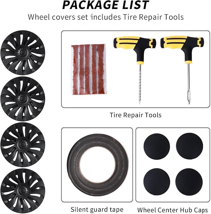 Tesla Model Y Wheel Covers 19 Inch 2020-2024 Uberturbine Tesla Model Y Uberturbine Hubcaps Left-Right Aero Symmetry, Matte Black, Wind Drag Reduction Model Y Accessories with Tire Repair Kit (4 Pack)
