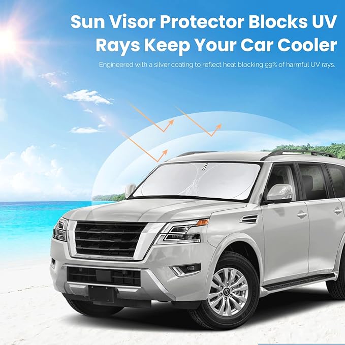 Custom Fit Armada Windshield Sunshade for 2017-2024 2025 Nissan Armada Accessories Front Window Car Shades Shield Cover for Windshield 210T Silver Coating Sun Visor Protector Reflector Blocks UV