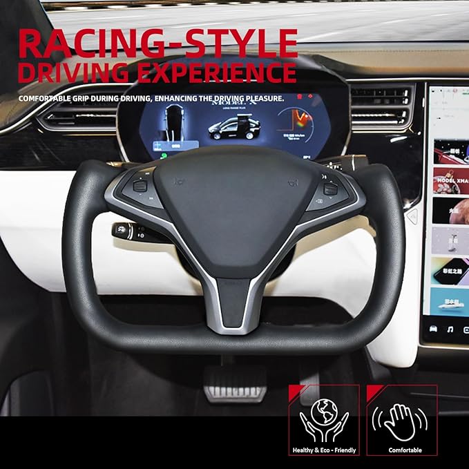 Yoke Steering Wheel, Black Microfiber Smooth Leather with Side Glossy Carbon Fiber for Tesla Model X 2016-2020,For Tesla Model S 2014-2020 With Heating Function