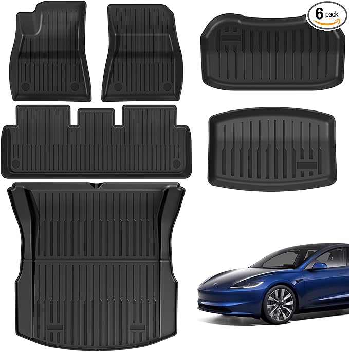 Tesla Model 3 Floor Mats 2021–2023, All-Weather Custom Fit Full Set Car Mats (6pcs) with Front & Rear Cargo Liner, Trunk Tray Interior Accessories, Pet & Child-Friendly
