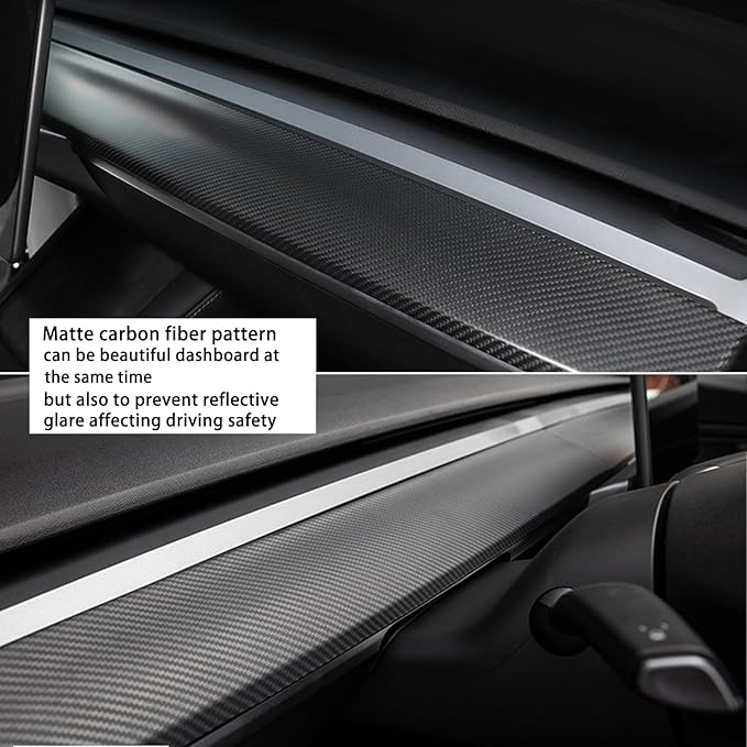 for Tesla Model Y (2019-2024) Model 3 (2021-2023) Dash Wrap Front Door Trim ABS Dashboard Cover Cap Interior Decoration Wrap Kit Compatible Whit Accessories 4Pcs(Matte Carbon Fiber Pattern)
