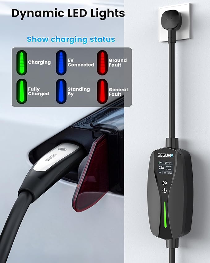 SEGUMA Level 1/2 Tesla Charger (10A-24A)-Dual Voltage 240V NEMA 10-30 3-Prong Dryer Outlet Plug & 120V NEMA 5-15 Adapter, 25ft Extension Cable, Portable Home Mobile NACS Connector for Model Y/3/S/X