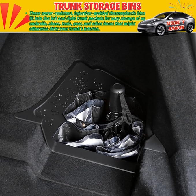 2 Pcs Trunk Storage Bins Compatible with 2025 2026 New Tesla Model Y Juniper Rear Trunk Side Organizer with Lids Hidden Compartment - TPE Waterproof, Black Interior Accessories