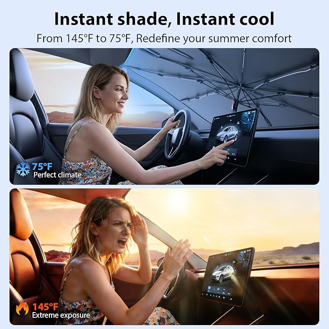 Car Windshield Sun Shade Umbrella [2026 Ice Shield] Custom Fit: Tesla Model Y, Ford Explorer, Chevy Blazer, Hyundai-Palisade & More SUV Car Accessories, Anti-Scratch Max Cool Interior Protector