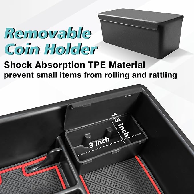 BestEvMod Center Console Organizer Tray Compatible with Chevy Blazer EV 2026 2025 2024 2023 Interior Accessories Armrest Storage Box ABS Material with PVC Trim & Removable Coin Holder (Red)