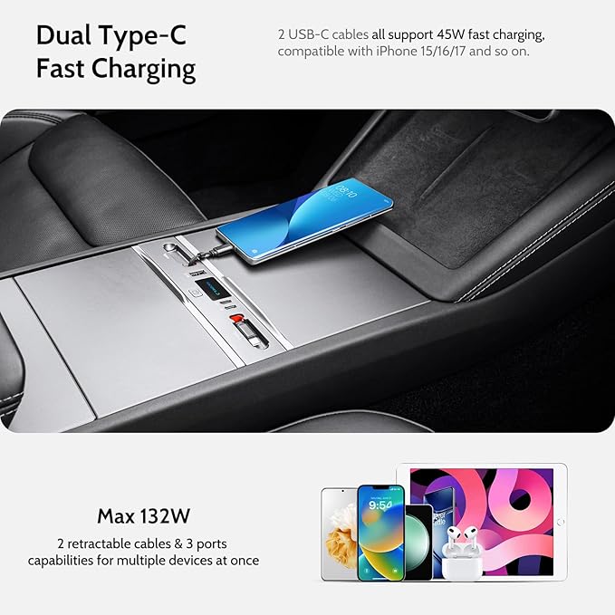 Max 132W Dual Type-C USB Hub, Tesla New Model 3 Highland (2025/2024) Accessories, 5 in 1 Fast Charger for iPhone 16/15 Series, 2-Retractable Cable & 3-Port Docking Station