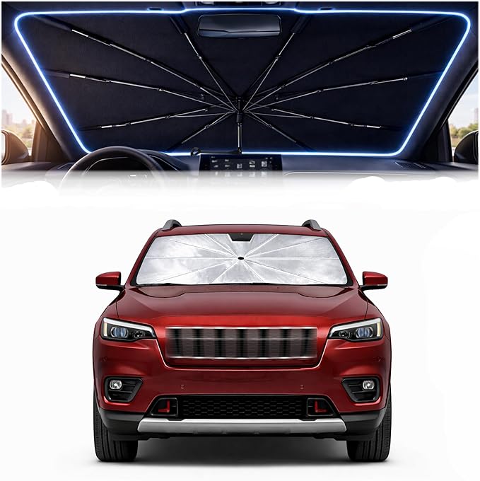 2026 Upgraded Car Windshield Sun Shade Umbrella - Custom-Fit for Jeep Cherokee 2014-2024 Umbrella Sunshade,Easy Install,UV Protection & Heat Reflective,Keep Interior Cooler with Storage Bag