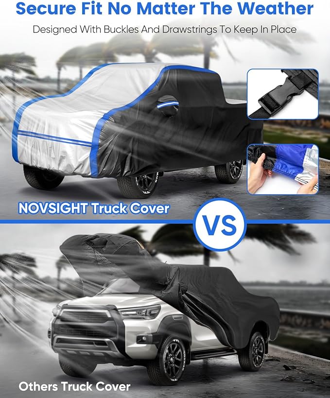 NOVSIGHT Pickup Truck Cover Waterproof, Heavy Duty 10-Layer All Weather Cover with Windproof Straps, Fits 232-242 in Full-Size Trucks, for F150 Silverado 1500 Sierra 1500 Ram 1500