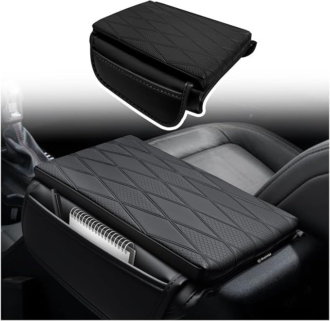 Muslogy Center Console Armrest Cover Fit for Ford Bronco 2021 2022 2023 2024 2025 2026 Accessories, Comfort Armrest Pad Console Lid Cushion Vegan Leather 1-Inch Extra Thick (V2 Diamond Pattern)