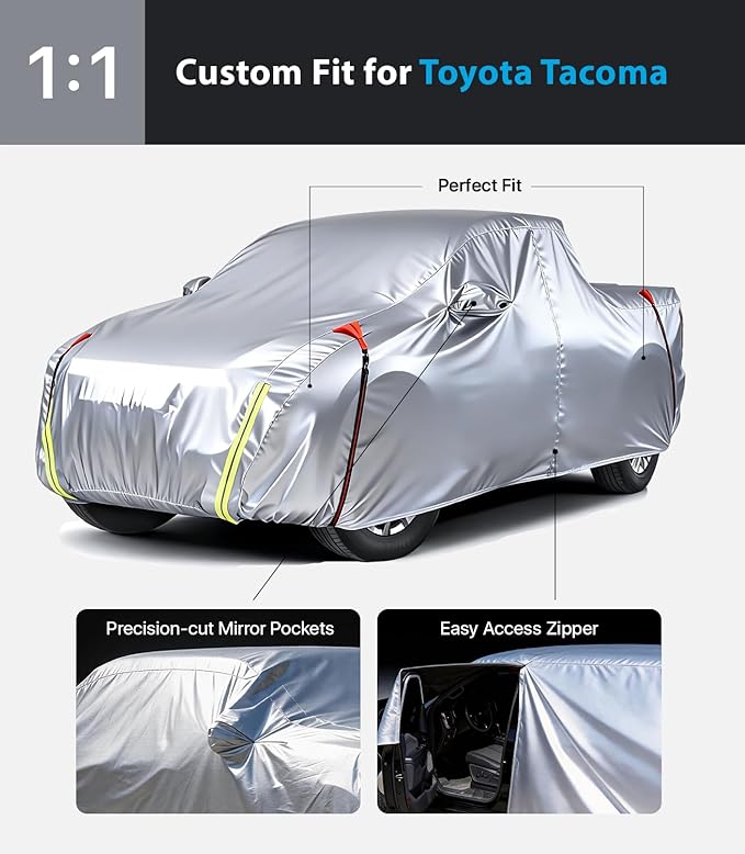 Wigoo Toyota Tacoma Car Cover 2016-2026, Custom Fit Waterproof All Weather Outdoor Full Exterior Truck Cover, Windproof UV Rain Snow Dust Protection, Paint-Safe Lining, Door Zipper, Tacoma Accessories