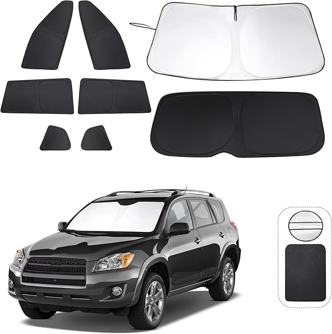 8PCS Windshield Sun Shade Custom Fit for 2006-2012 Toyota RAV4 Accessories Foldable Sunshade Side Rear Window Shade Cover Full Set Privacy Protection Keeps Car Cool