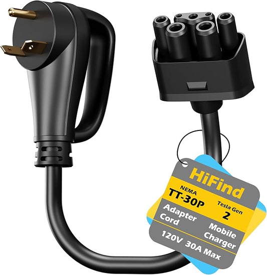 HiFind NEMA TT-30 Adapter Plug for Tesla Gen 2 Mobile Charger 1 Ft with Grip Handle, TT-30P Generator Plug to Portable Mobile Adapter Cord, 120V 30 Amp Fast Charging for EV Model S/3/X/Y, ETL
