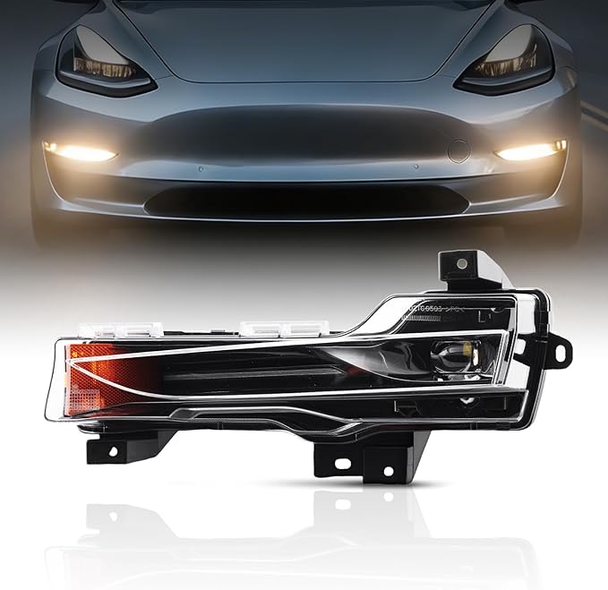 maXpeedingrods LED Fog Light Driver Left Side Fit for Tesla Model 3 2017-2023 & Model Y 2020-2023, 1077391-00-D/1077391-00-E/1077391-00-F, Front Fog Lamp with Amber DRL Assembly Bulb