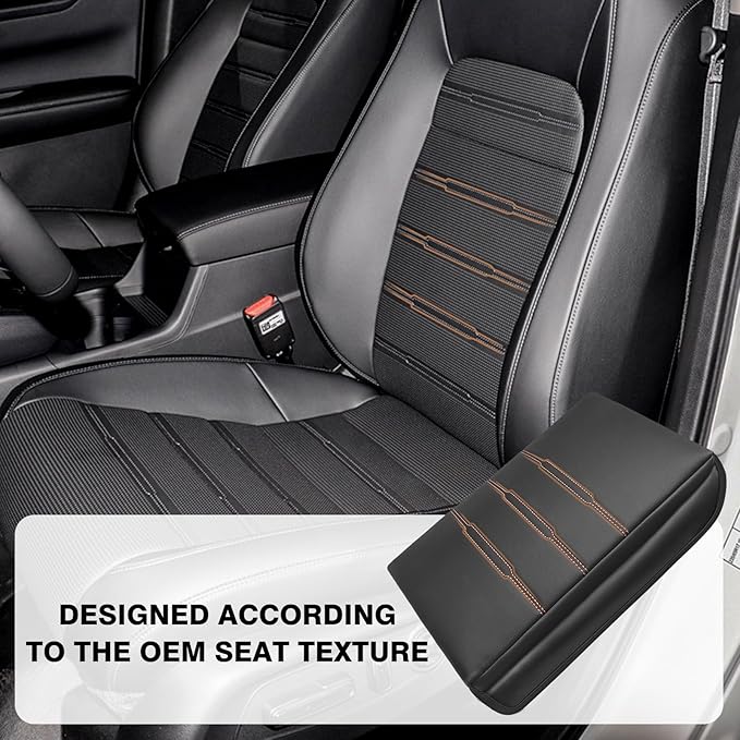 Muslogy Center Console Armrest Cover Fit for Honda CR-V 2023+ & CRV Hybrid Accessories, Comfort Armrest Pad Console Lid Cushion Vegan Leather 1-Inch Extra Thick (Black/Organge Trim)