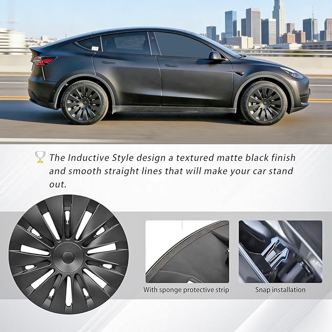 KAVANIC 4Pcs Wheel Cover Fits for Tesla Model Y 19Inch ABS Matter Black Hubcaps for 19" Gemini Wheels Long Range, Wheel Covers Fit for Model Y 2020-2024 Induction Style Rim Protector (RWD/AWD)