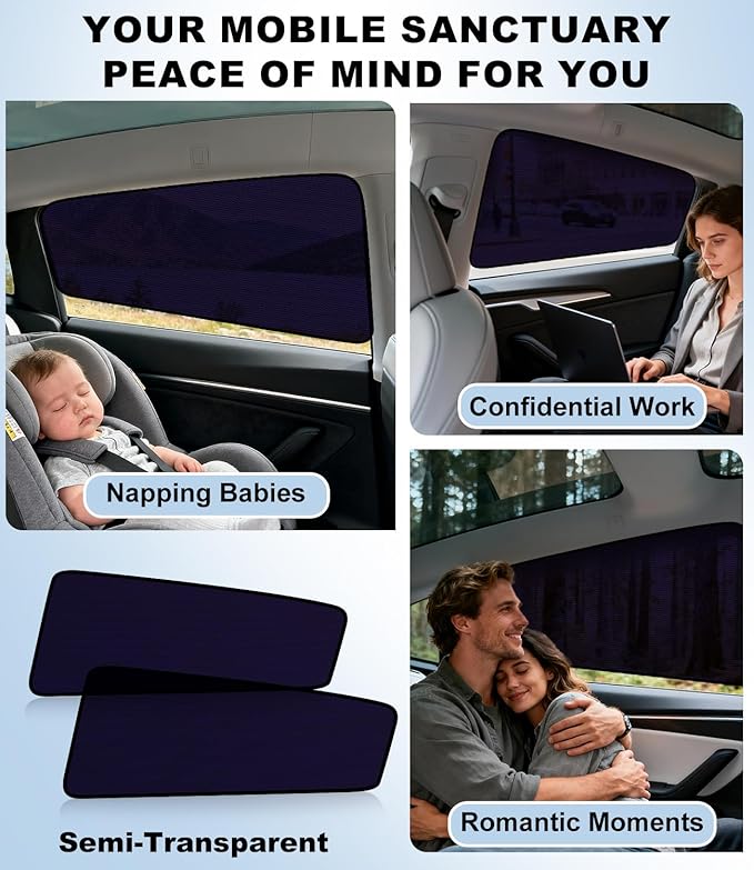 XCBYT Car Window Shades for Tesla Model 3 Highland 2024-2026, Static Cling Privacy Rear Side Window Covers, Clear Front Half Window Shades, Easy Install, No Residue (4 PCS)