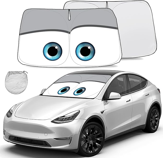 Gven Sunshade for Tesla Model Y Accessories 2025 Funny Eyes Windshield Sun Shade Car Front Window Shade for Tesla Model 3 Accesssories Dual-Sided Versatility (Grey Eyes)