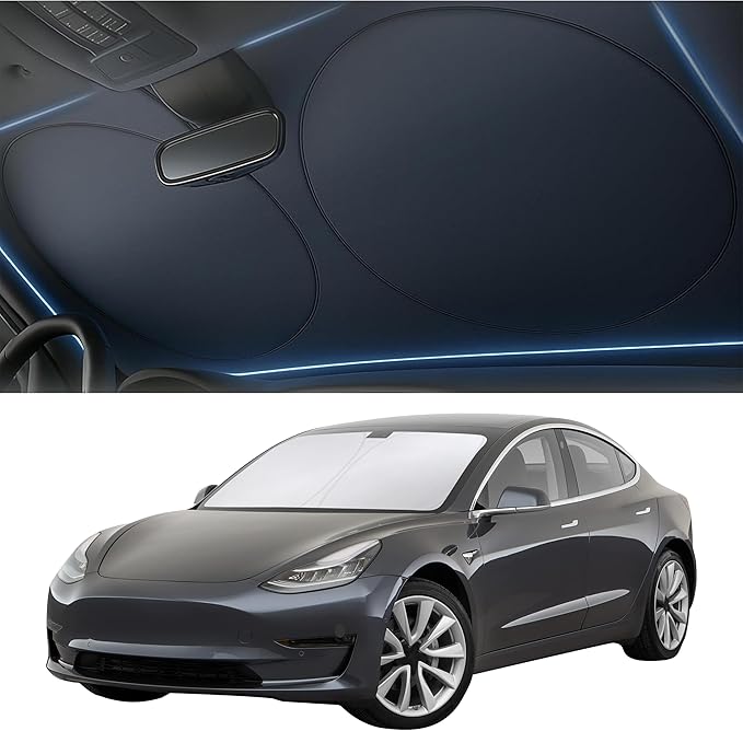 Tesla Windshield Sun Shade for Model 3 and Y | Reflective 240T Material Blocks Sun & Heat | Offers Protection for Car Interior | Foldable Sun Blocker with Storage Pouch | Tesla Car Accessories