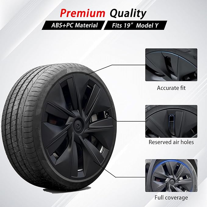 KAVANIC 4Pcs Wheel Covers fits for Tesla Model Y 19Inch 2020-2024 Matte Black Rim Protector Support Logo Range Improvement OEM Style for Model Y Hubcaps for 19" Gemini Wheels (RWD/AWD)