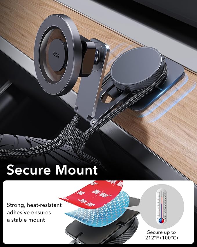 ESR for MagSafe Car Mount, Car Phone Holder, Tesla Touchscreen Car Mount, Magnetic Phone Holder for Car, for iPhone 17e/Air/17-12, S26/S25, Pixel 10, Charging Not Supported(2 Metal Rings Included)