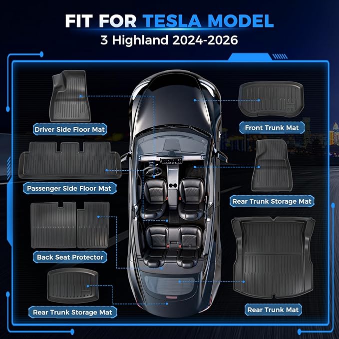 Floor Mats Model 3 Highland 2025 2024, TPE All Weather Cargo Liner Floor Mats and Cargo Trunk Mats Accessories Front Rear Cargo Mat Full Set of 8