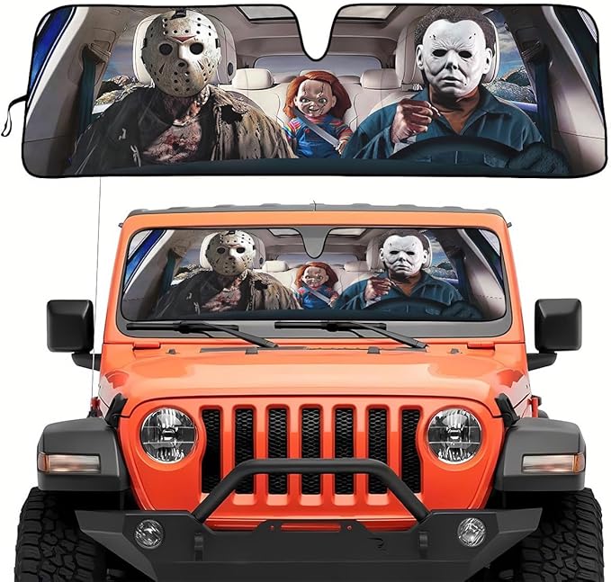 Horror Movie Character Windshield Sun Shade for Car SUV Truck (53x17 Inches), Automobile Sunshade, Protector Blocks UV, Christmas Car Decor