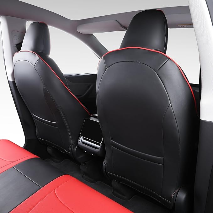 Custom Fit Seat Covers for 2025 2026 Tesla Model Y Juniper (5-Seater) - Ventilated Seats & Rear Screen Compatible - Nappa Leather Full Set Car Seat Protectors (Black+Red, Model Y 2025)