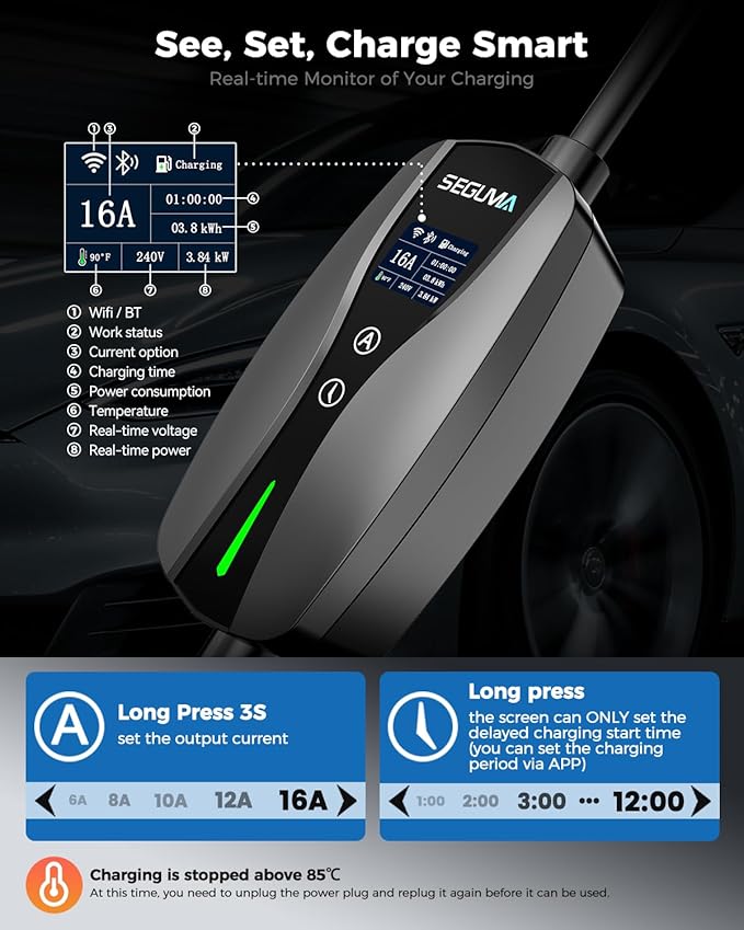 SEGUMA NACS Charger for Tesla with APP, 6-16A ETL Certified Level 1/2 Portable EV Charger, 120V/240V Dual Voltage with NEMA 5-15 Plug & 6-20 Adapter, 25FT Cable, IP66 Waterproof, Home Outdoor Station