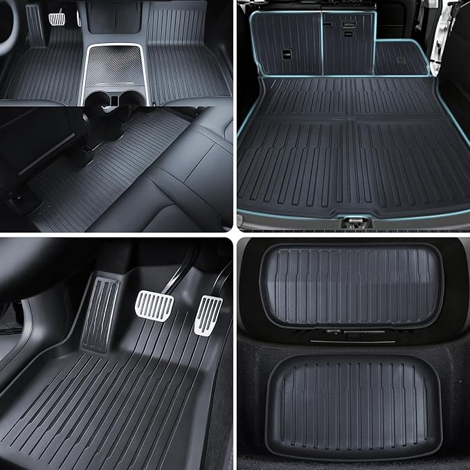 TPE Floor Mats fit for Tesla Model Y Juniper 2025 2026 All Weather TPE Cargo Liner Cargo Trunk Accessories and Cargo Trunk Mats Front Rear Cargo Mat Full Set