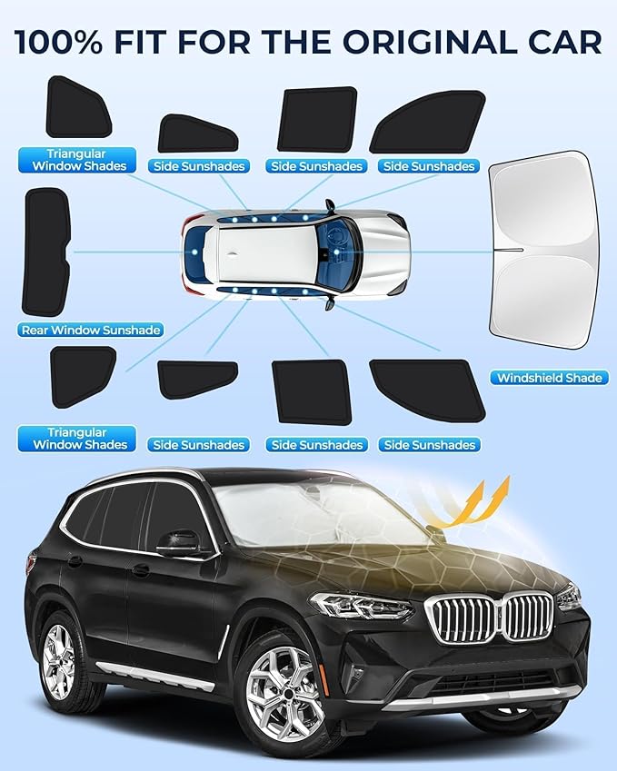 for BMW X3 2018-2024 Car Window Shades, 10pcs Privacy Sun Shade Set for Front Windshield Side and Rear Windows, Full Window Covers Keeps Vehicle Cool for Camping Napping
