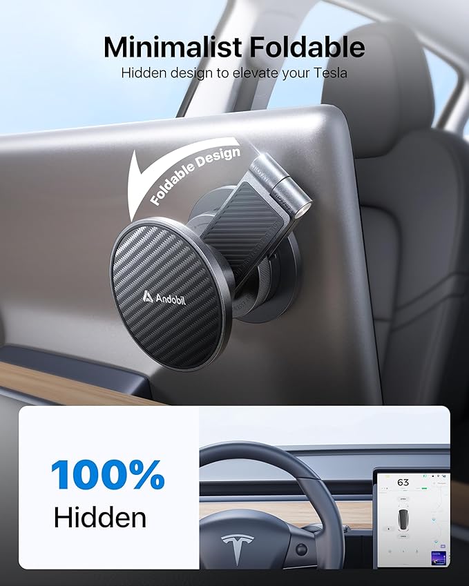 andobil Upgrade Tesla Phone Mount [Strong Magnet & Foldable] MagSafe Car Mount for Tesla Model Y Juniper Model 3, 360° Adjustable Tesla Phone Holder fits iPhone 17 Pro Max, Tesla Accessories, Gray