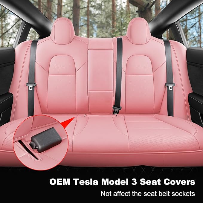 Tesla Model 3 Car Seat Covers Nappa Leather Car Interior Seat Airbag Compatible Cushion Cover Full Set Custom Fit 2023 2022 2021 2020 2019 2018, Nappa Pink
