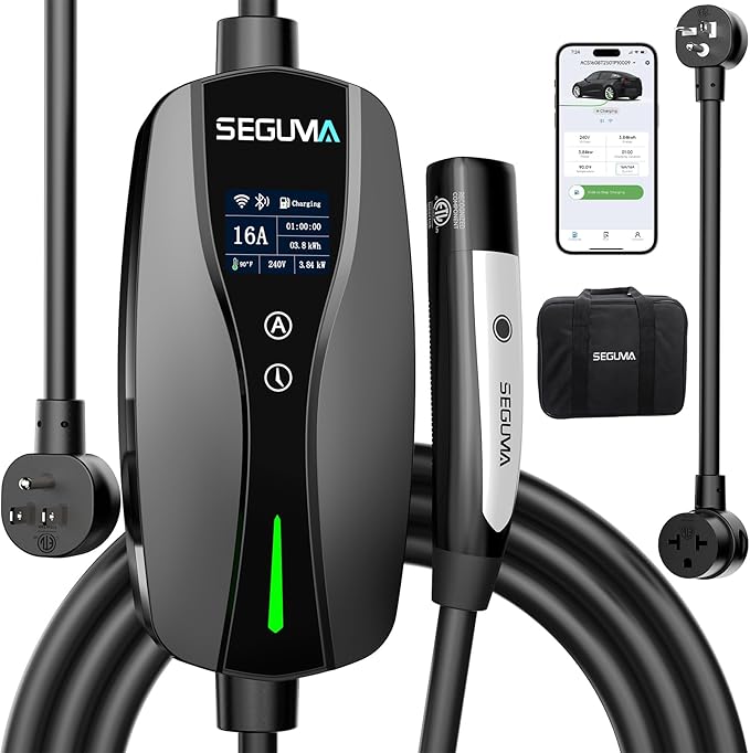 SEGUMA NACS Charger for Tesla with APP, 6-16A ETL Certified Level 1/2 Portable EV Charger, 120V/240V Dual Voltage with NEMA 5-15 Plug & 6-20 Adapter, 25FT Cable, IP66 Waterproof, Home Outdoor Station