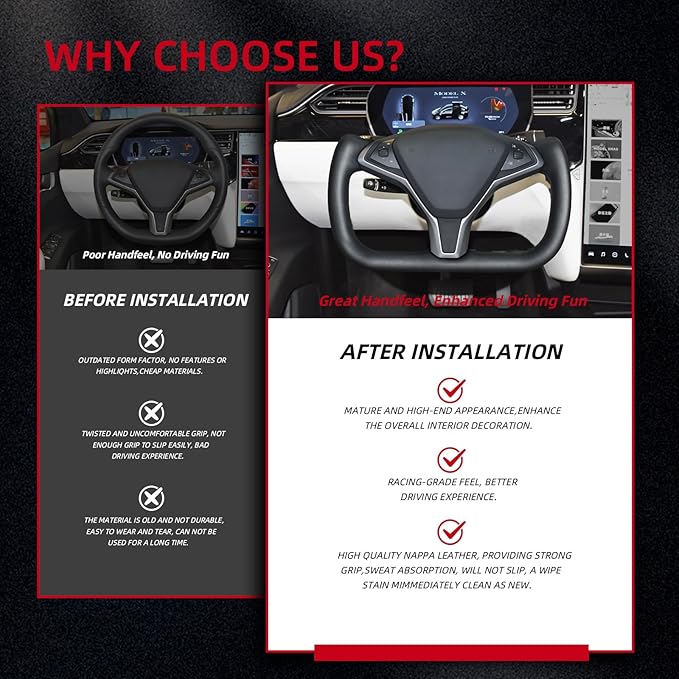 Yoke Steering Wheel, Black Microfiber Smooth Leather with Side Glossy Carbon Fiber for Tesla Model X 2016-2020,For Tesla Model S 2014-2020 With Heating Function