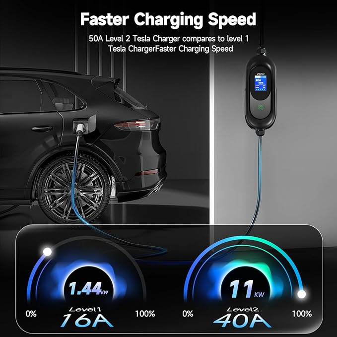 Tesla Charger,Level 2 EV Charger for Tesla 40Amp 240V with NEMA 14-50 Plug, Adjustable Current & Timer,25Ft Tesla Charging CableMobile Connector for Tesla Model Y/3/X/S/Cybertruck