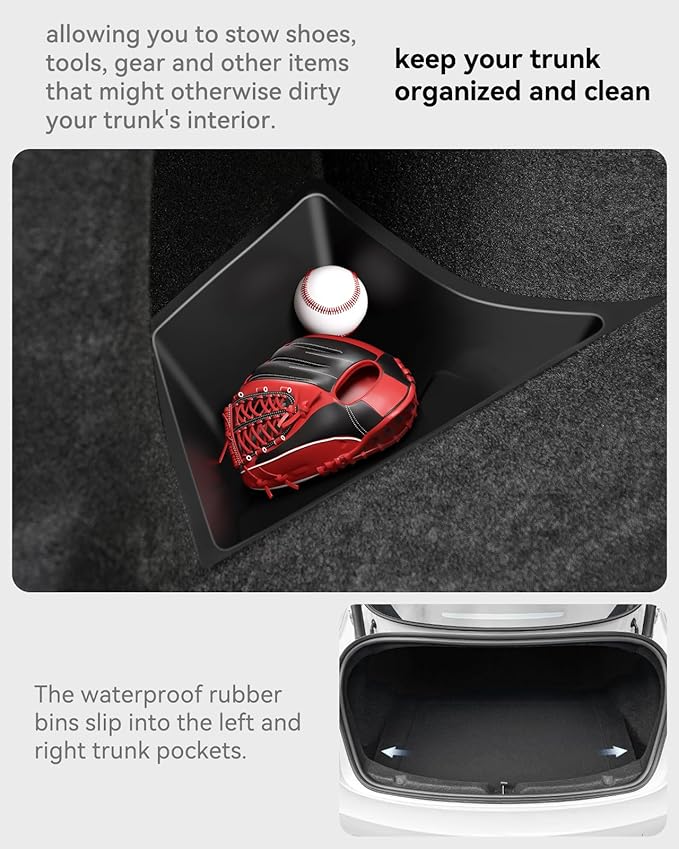 Trunk Organizer for 2024 2026 Tesla Model 3 Highland Accessories Rear Trunk Storage Bins Side Box with Lids for 2026 2025 Model 3 Interior Accessories TPE Material Waterproof Odorless 2 PCS