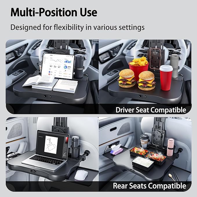2-in-1 Car Steering Wheel Tray & Back Seat Headrest Tray with Phone Holder, Steering Wheel Desk Food Table for Car Laptop Mount Steering Wheel for Large SUVs, Trucks & Vans